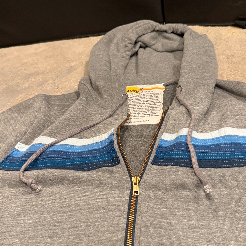 Aviator Nation Gray Zip Hoodie with Blue Stripe Accents - Picture 4 of 9